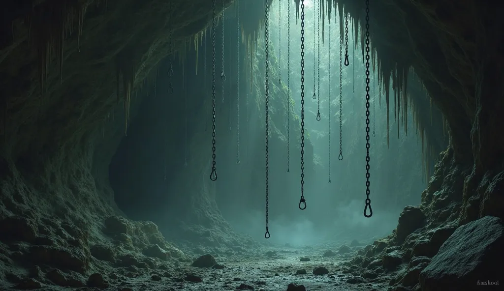 Chains hanging in the cave, from which whispers slowly come out