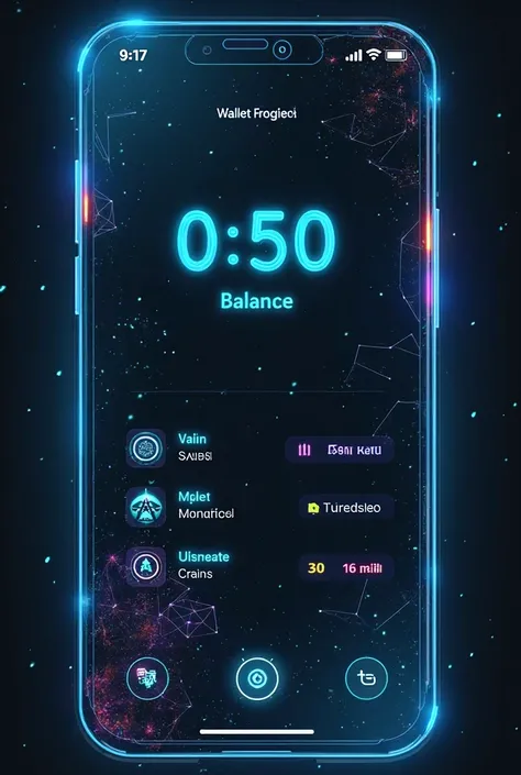 "Create a futuristic crypto wallet UI design that features a sleek, glassmorphic background with a frosted, semi-transparent overlay and subtle neon outlines. The main screen shows a large, bold wallet balance displayed in a modern, sci-fi font (like Orbit...