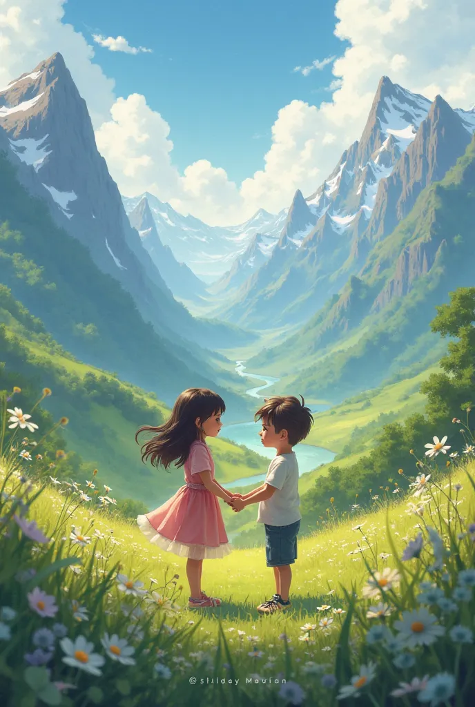 I want a picture of a girl and a boy looking at each other at both ends of a mountain valley and holding their hands together. 