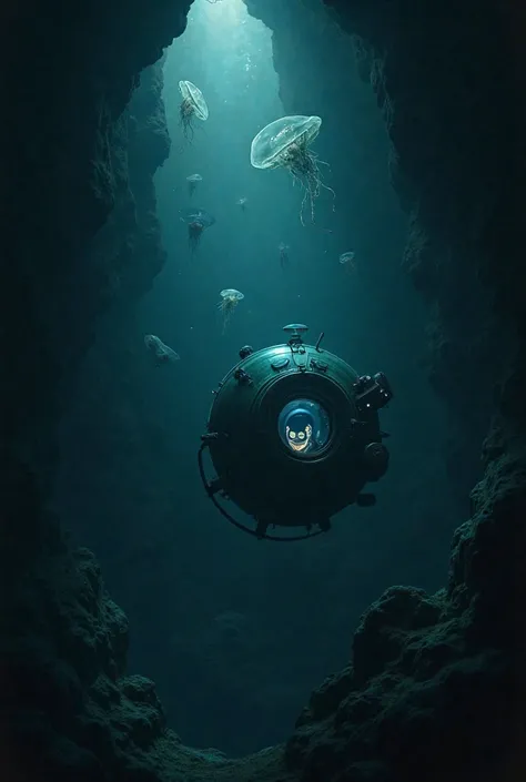  Describe the sensation of being alone in a submersible in the abyssal zone, surrounded by darkness and mysterious creatures

 