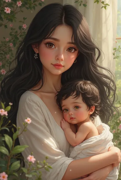 Young mother with black hair and silver-gray eyes, her baby has black hair and yellow eyes, it's a boy.