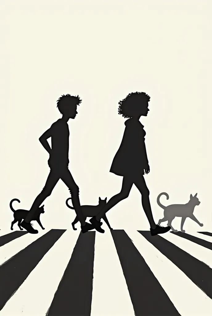 Style and Palette:

minimalist,  In black and white.

Exclusive use of silhouettes without additional details to keep the aesthetic clean.

stage:

An “Abbey Road” style pedestrian crossing, with well-defined stripes and a neutral background.

Characters i...