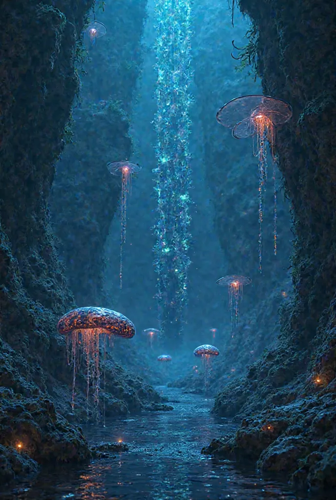  Imagine an abyssal ecosystem where creatures communicate through bioluminescent signals and vibrations