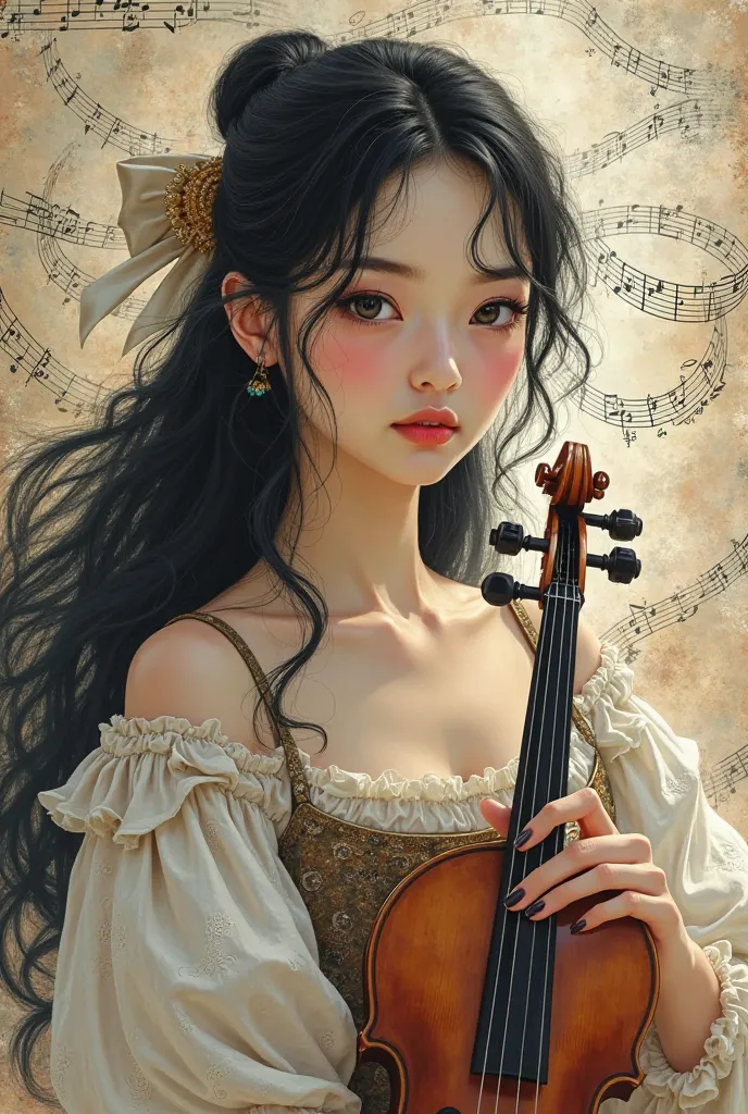 Create an image on that soft brush, Of a very pretty young woman, of long black hair and partially tied with a beautiful bow,  Medieval style dress , holding a violin, in the background musical notes and sheet music, use pastel and neutral tones