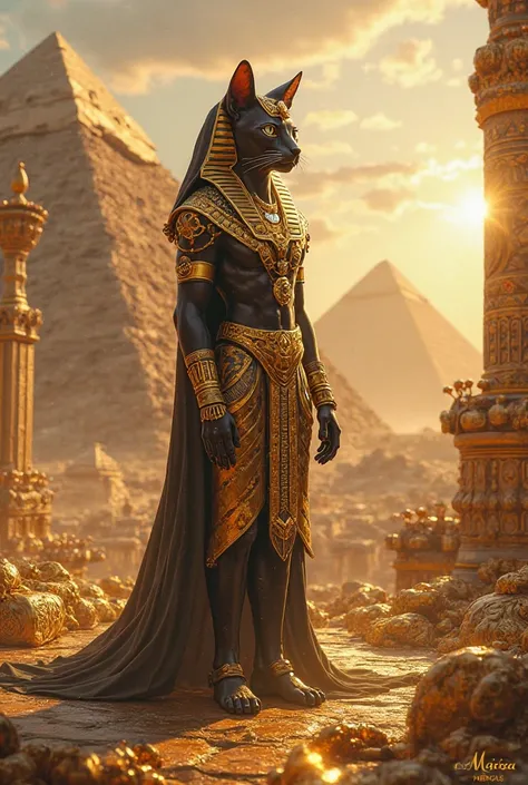 Create an image of an Egyptian cat in the pyramids create a humanoid-shaped Egyptian cat in the pyramids, all involving a lot of gold and wealth 