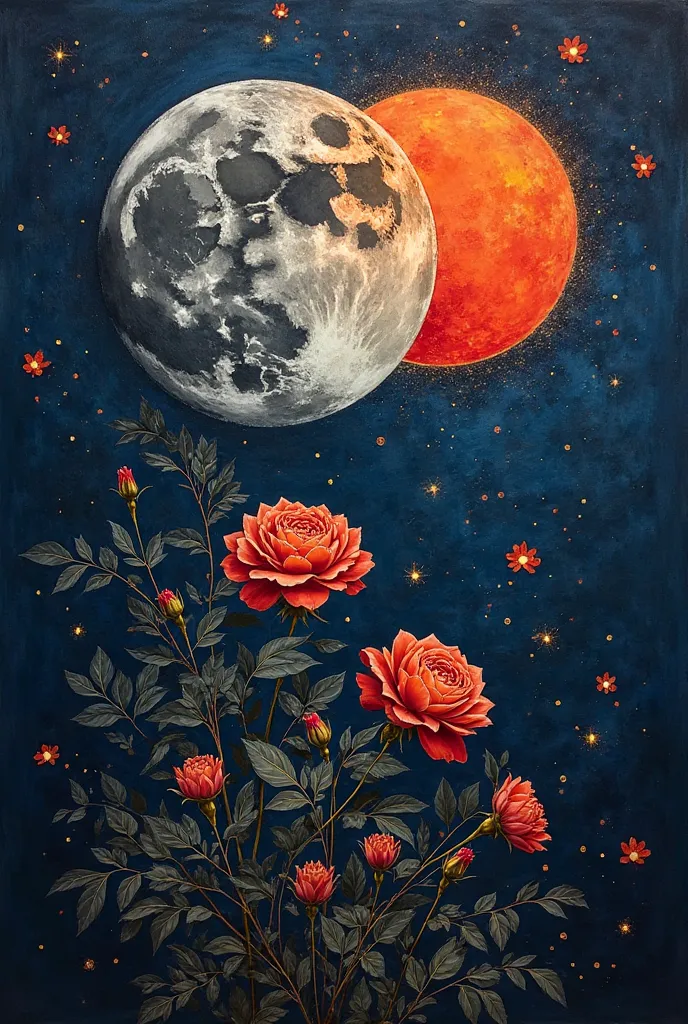 Image 15x23. Dark blue background with silver moon next to scarlet and gold sun, the name "hayfa. Silver roses, douradas e negras em volta dthe name. Silver fireflies. image without visual pollution,  with harmonious colors. 