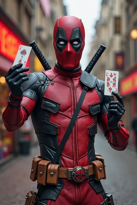 I want to create Deadpool doing magic with cards, with a Czech Republic flag on his chest. Let him go out doing something funny