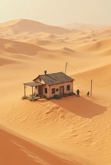 A picture of a house in the middle of sand dunes 
R