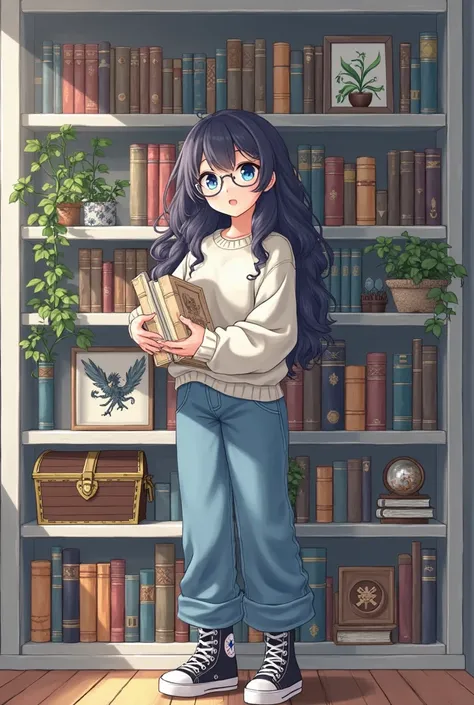 Anime style girl with wavy and long hair and blue eyes, wears silver circle glasses, dressed in long oversized jeans, oversized white sweatshirt, high black converse shoes, She stands in front of a white bookcase full of fantasy books, Are there fake seedl...