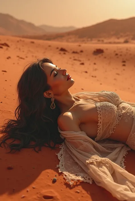 On her back lying a sexy Arab woman in the red sands of the Mars desert with a veil on her face