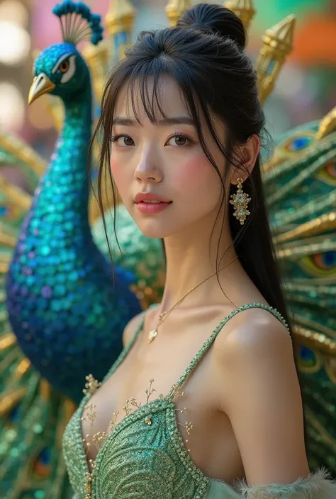 Beautiful Korean woman named King Han-na with a different beauty bright,  Clear and radiant skin , Long straight black hair tied with a high ponytail with bangs light blue eyes and full lips lip gloss with sexy pearl green dress with peacock feathers In fr...