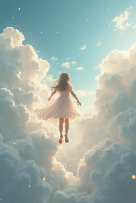 A girl traveling on clouds, fluffy life, fantasy, high quality.