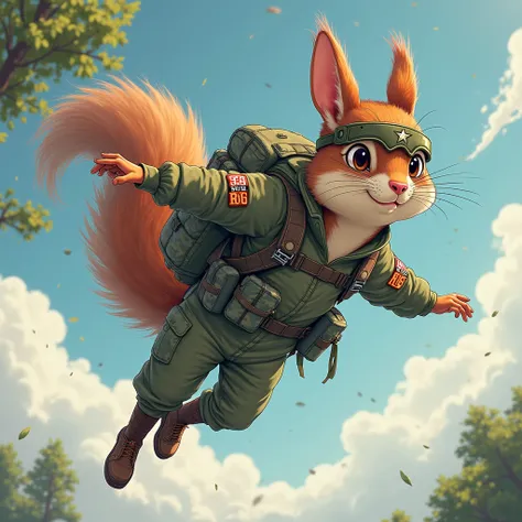 Create an avatar 
A flying squirrel ( glider with his skin ) 
in Military Skydiver .
Leaping from a very tall tree
Dressed as a soldier, brand " S2R R6" on his helmet or on an armband 
Armed and Furious Kamakaze 
Illustrated style 

