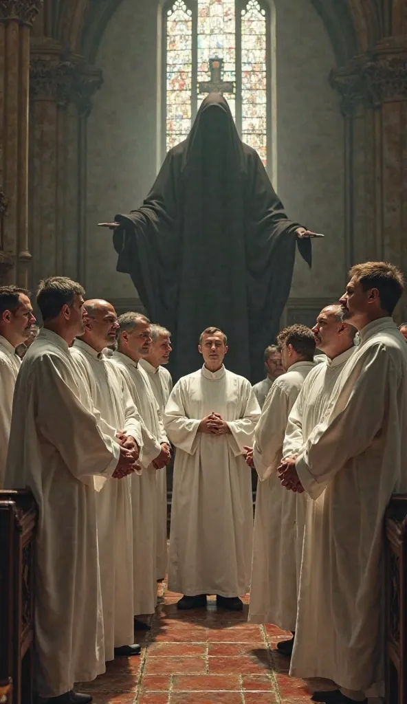 A group of people dressed in white robes inside a majestic church, with hypocritical expressions and false smiles.  behind them , a dark and mysterious shadow stalks them, representing falsehood and spiritual lukewarmth. Some look down the altar with disin...