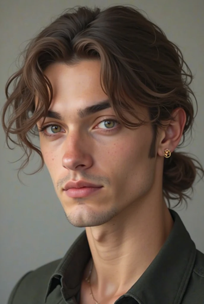 Photo d'un beau mec cheveux mi-longs en queue de cheval et petite boucle d'oreille 