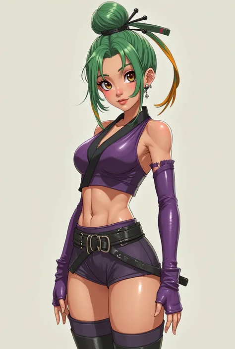 full body concept art, in the style of the MCU, a 35 year old kunoichi, she has beautiful curves and large breasts. She has fair skin and brown eyes with no pupils. She has green hair that she has tied in a bun on top of her head with a hairpin running thr...