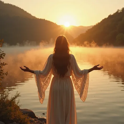 A figure with long, wavy hair, wearing a light, flowing tunic with lacy sleeves, is on the coast, with arms open toward the rising sun. The scene takes place at the edge of a serene lake, reflecting the golden and orange tones of dawn. The subtle mist floa...