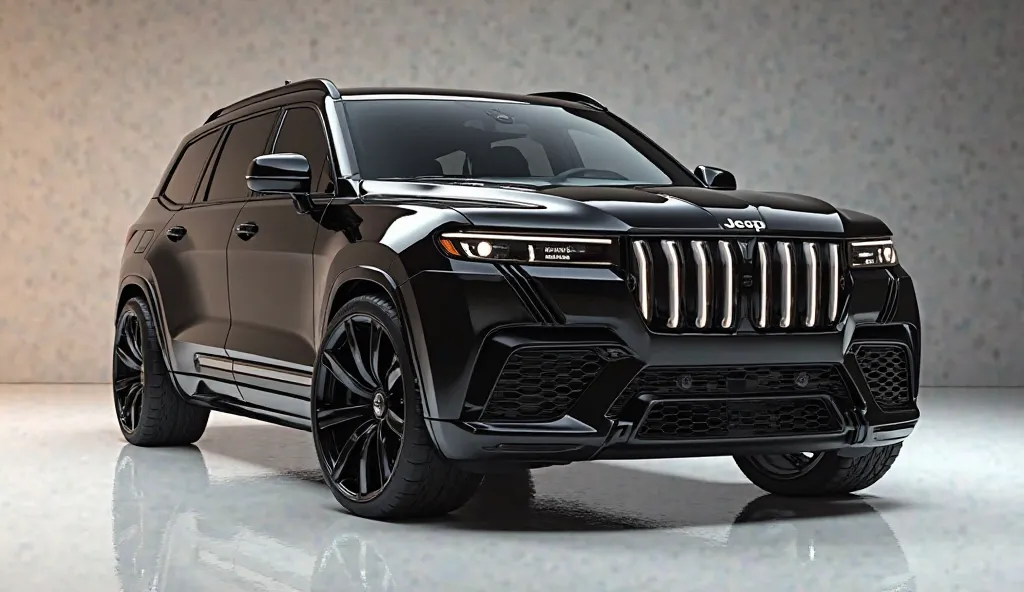 create an ultra-detailed 3D render straight close front view, of a modern 2025 Jeep Wagoneer S  with a bold design  looking long like limousine captured from straight close front view. The car should feature a 'Gleamy oily metallic METALLIC black' color an...