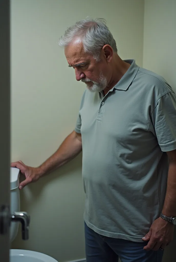 A man of approximately 50 years old, standing in front of the toilet, looking down with an expression of frustration and concern. His hand rests on the wall to lean on, and a small reflection of the bathroom light highlights his tired expression. The scene...