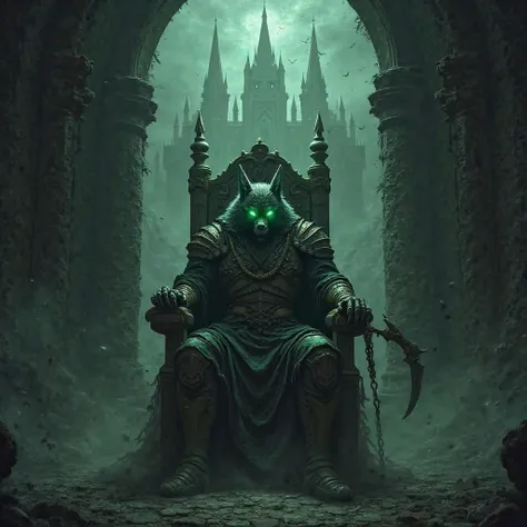 Man wolf head with fluorescent green eyes on a warrior throne and a weapon in his hands very dark and haunted castles in the background 