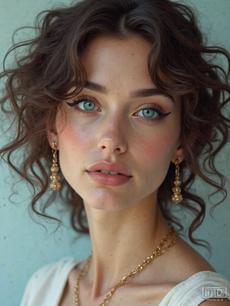 Beautiful and attractive blue-eyed woman, Curly, with eye-catching minimalist eyeliner and chain