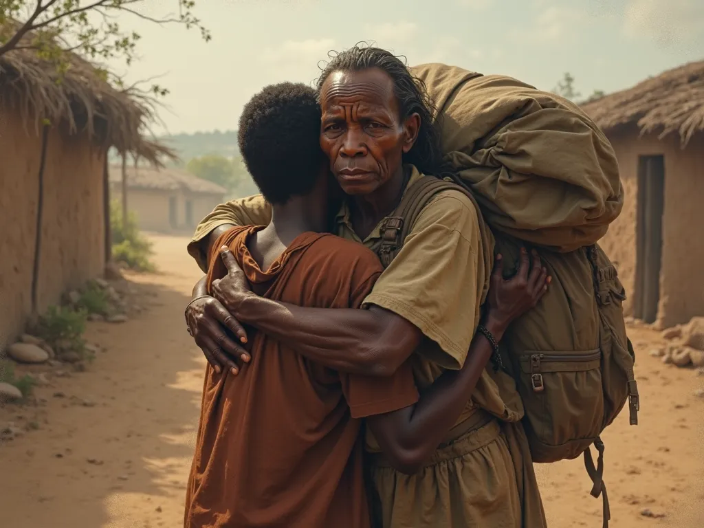 Beautiful sad African mom hug her son when he leave the village going town with his bags.farewell photo