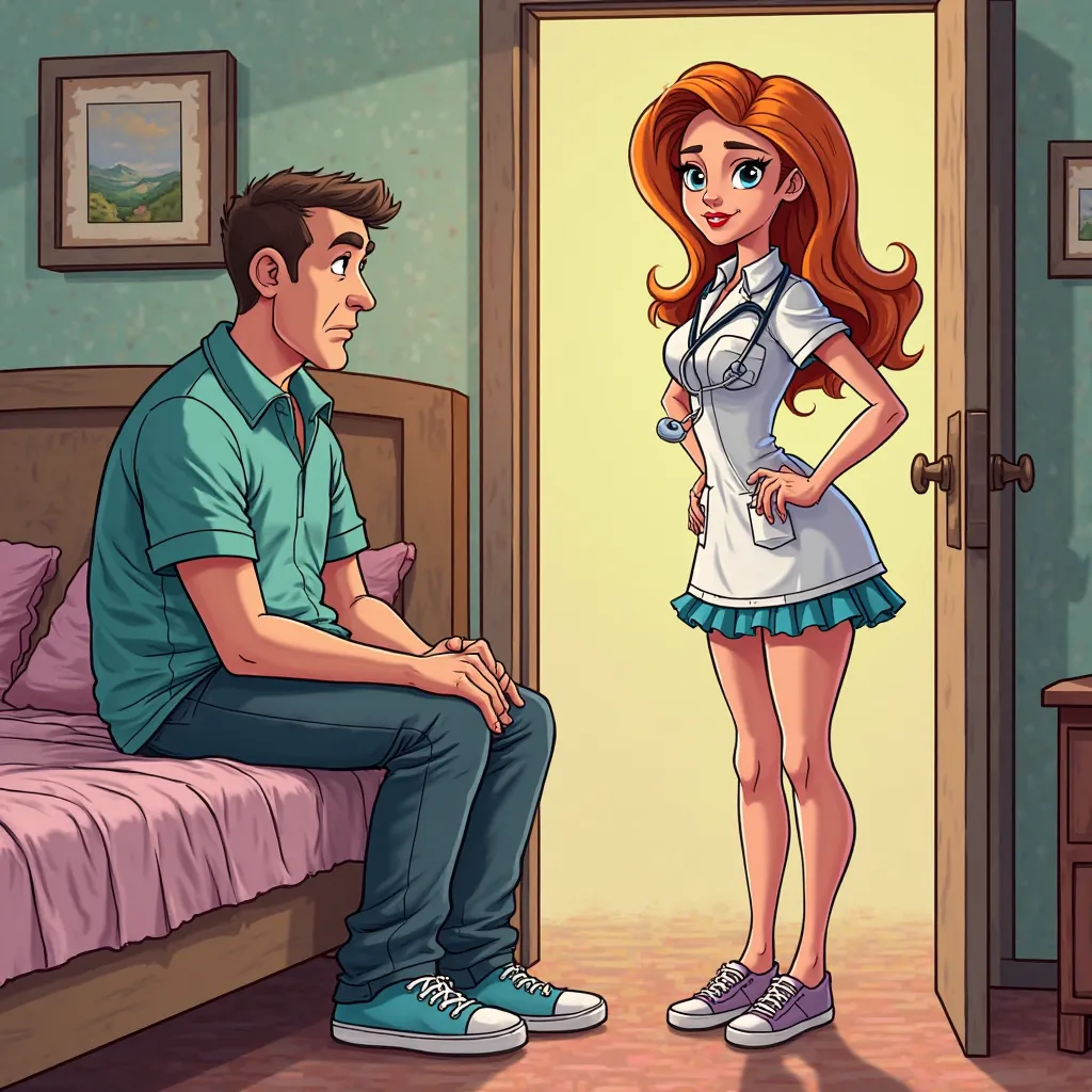 Husband sitting on bed, wife standink near door dressed in doctor short dress. Cartoon gta style