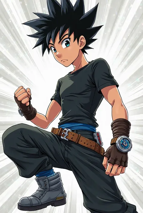 manga cover,  colored, 8k, Skinny young boy,  spiked black hair , protagonist, gray eyes and black pupil,  fair skin,  wide black pants ,  blue waistband, grey and black boot, Futuristic boot, Fingless brown glove, chromed metal watch over the sleeve, red ...