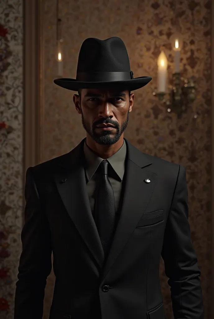 Create for me a 3D Image of a Mafia Boss following the description:
A dark-brown skinned man with a stubble beard and a serious facial expression staring at the camera, wearing a full black suit and a black fedora. The Background of the man shows a detaile...