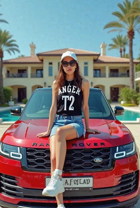 a young Indonesian woman sitting on the hood of a Red-black Range Rover SUV. She is wearing a black basketball jersey with the letters "Angel Tz". blue denim shorts, and white sneakers. She has a white baseball cap on his head and sunglasses on. The woman ...