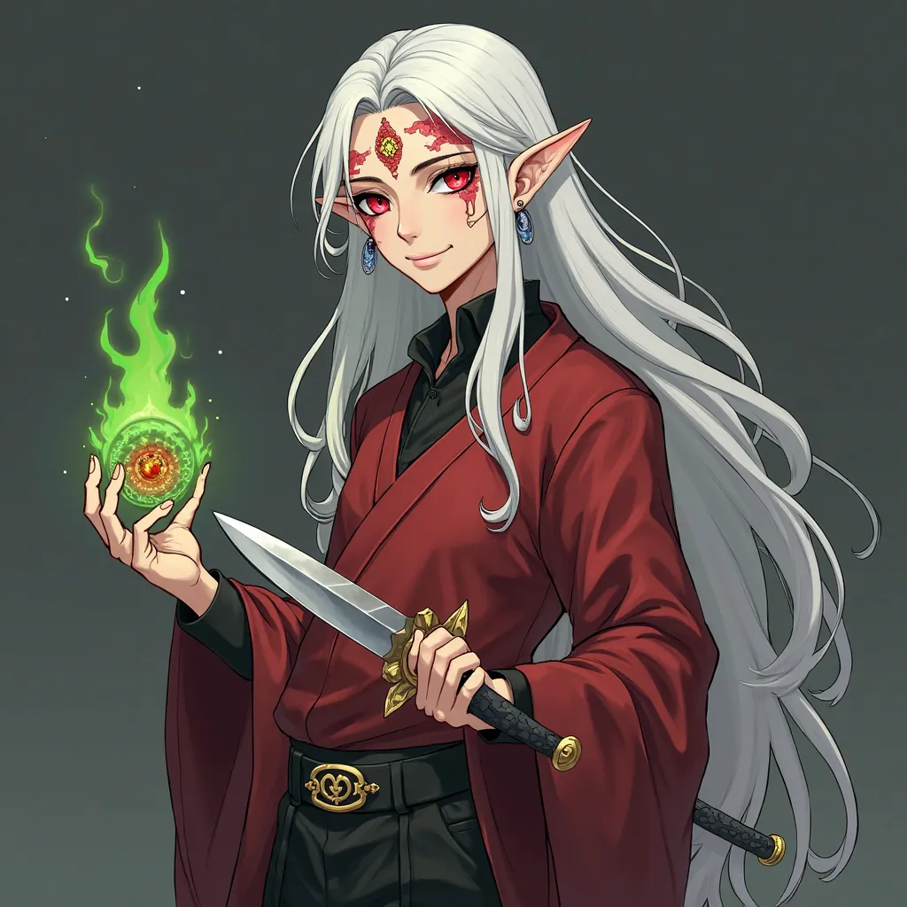 Elf necromancer man ,youthful looking , with long white hair,  red glowing eyes , dagger in the right hand with a smirk and tattoos of red clouds on the face with an earring in the shape of an eye in the ear, there is a third eye on the forehead with a gol...