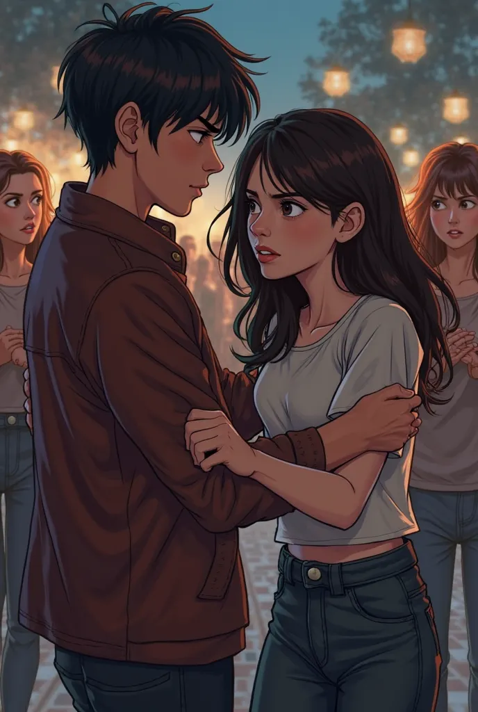 A young couple in a dramatic scene. The boyfriend, with a controlling and possessive expression, firmly holds his girlfriend's arm, pulling her away from a group of friends. The girlfriend looks conflicted, glancing back at her friends with sadness and hes...