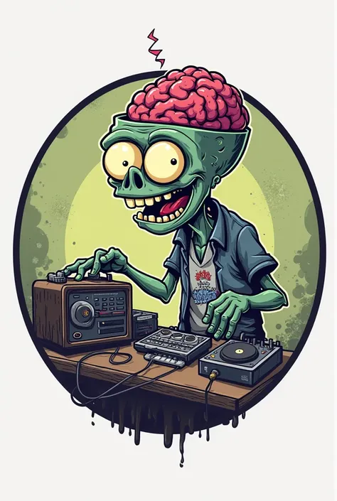 Create a circular logo for a podcast called 'Brainless' I was thinking of something cartoon-style, As a subject a zombie with an open head who works on the radio 