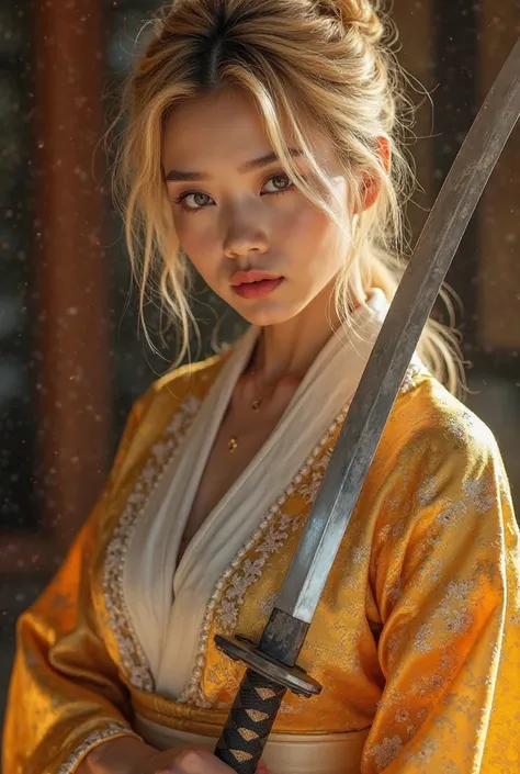 A golden-haired and golden-eyed Korean woman,  in a serious face, wearing a gold kimono with white details showing perfect breasts and shoulders holding a katana upside down with the blade resting on the floor,  the luxury of the surrounding environment hi...