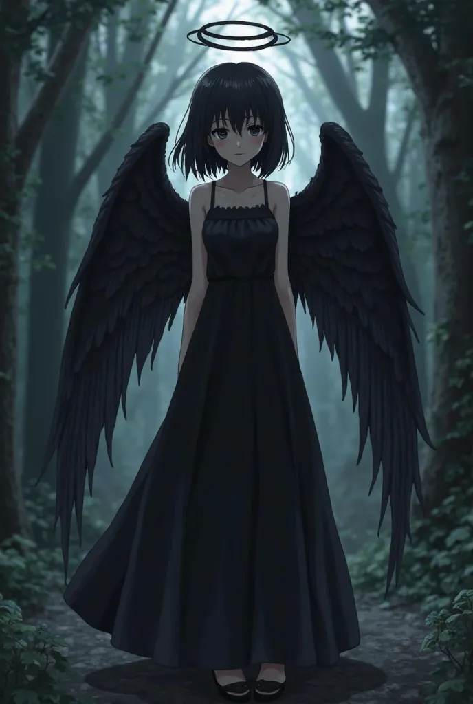 A young Anime girl with waist-length black hair and bangs that fall over her eyes. She wears a long black dress that covers her entire legs. She has a black halo above her head and black angel wings. The background behind her is supposed to be a dark fores...