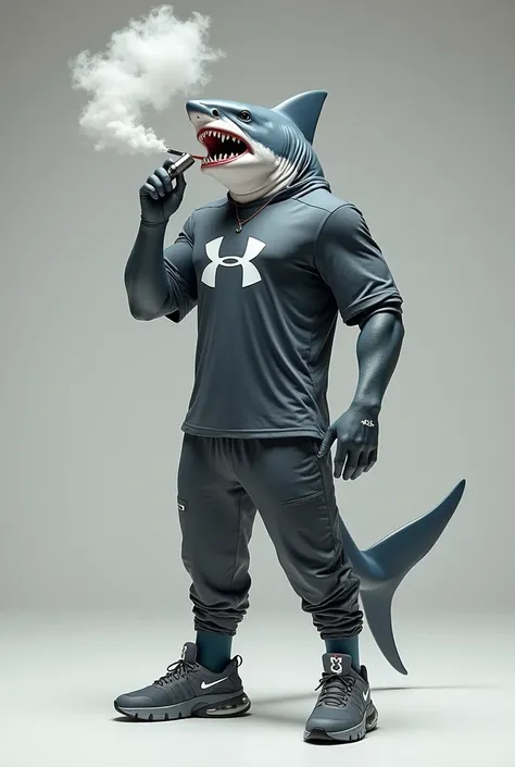 Shark wearing under armour shirt and pants with Nike tn shoes vaping