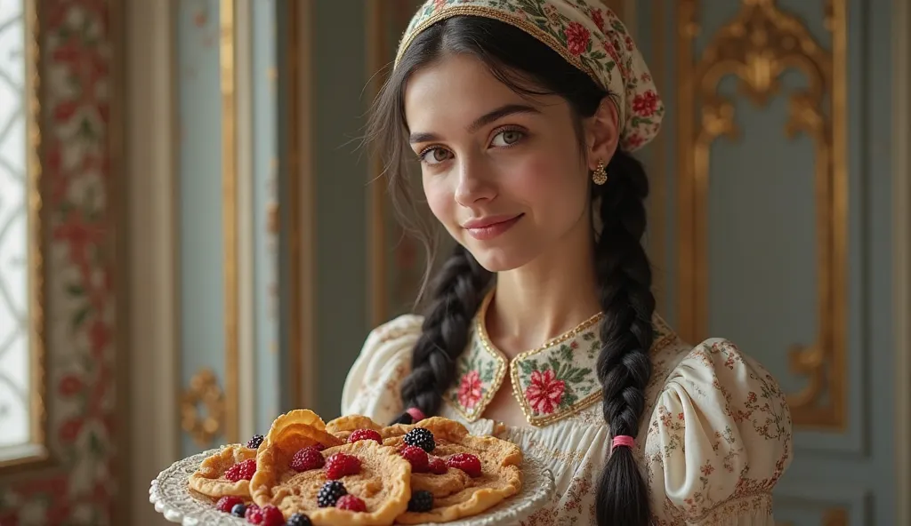 Russian young woman stands against the background of a room with baroque stucco, dressed in a dress that resembles pancakes in texture, and the collar and some decor on the dress resemble red caviar, a detailed face, a bright smile, clear eyes, depth of fi...