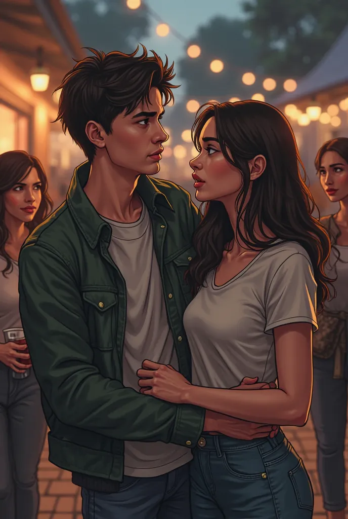 A young couple in a dramatic scene. The boyfriend, with a controlling and possessive expression, firmly holds his girlfriend's arm, pulling her away from a group of friends. The girlfriend looks conflicted, glancing back at her friends with sadness and hes...