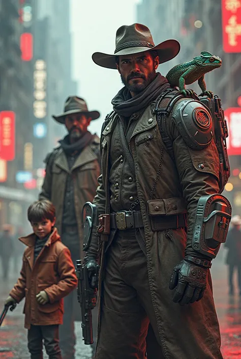 Create a picture of 3 cowboys where one is small and a jet pack one has a chameleon man and an old man is,Add a cyberpunk theme 