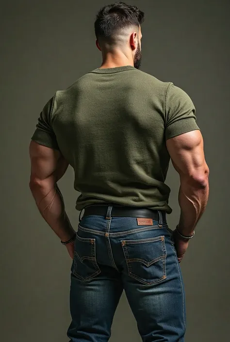  Handsome man, muscle shirt,  Men's and sexy with casual wear , with a modern,  Authentic and fashionable green  sweater ,  strong and muscular legs , large lump,  Ultra-realistic and detailed masterpiece in 8k with great detail in the office ,  close , bo...