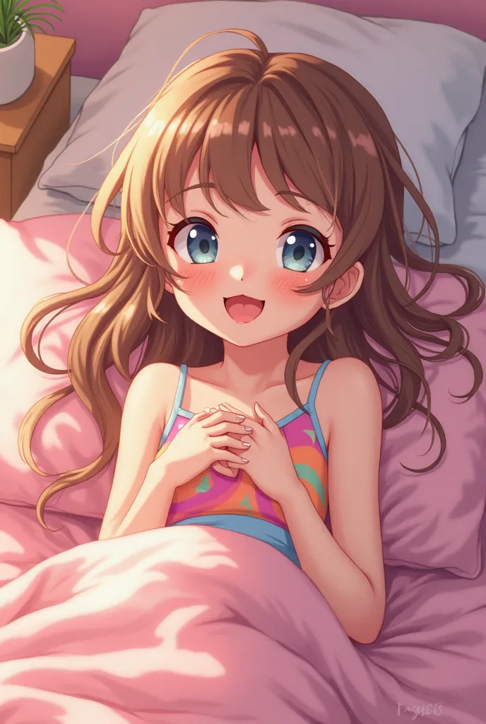 Cute thirteen year old brown haired girl sticking out the tongue in her pink bed in pink swimsuit (anime version)