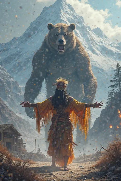 ritual possession of a priest in the middle of a tribe at the foot of a snowy mountain, For a spirit to possess a bear, The bear in the process turns into a monster
