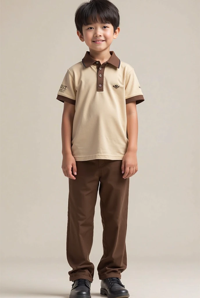 Create me a uniform with a beige polo shirt with dark brown edges and pants the same color as the edges, for boys and girls