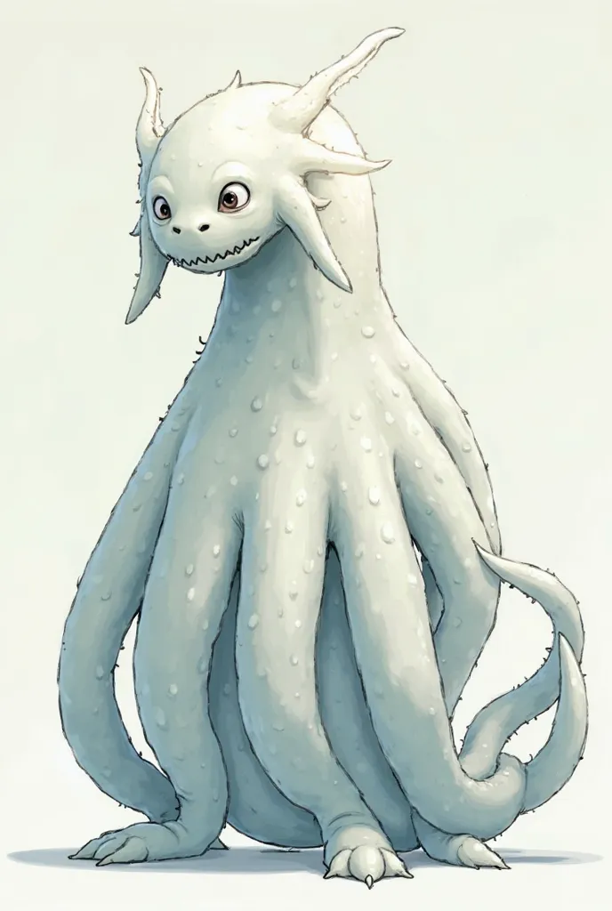 Full-body concept art of the six-tailed bijuu, in the style of the mcu, it is a huge bipedal slug that is white — with a slight bluish tint — with stubby arms, feet, and six long tails. It has two prominent optic tentacles (eyes) and hole-like openings for...