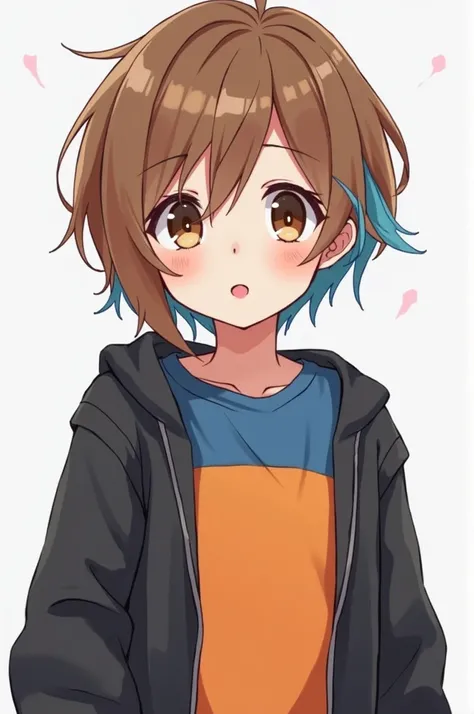 Une image de dessin animé d'une fille au cheveux d'un côté très court et de l'autre court, Chestnut with a few blue locks, with brown eyes, with an orange and blue sweatshirt and a black jacket