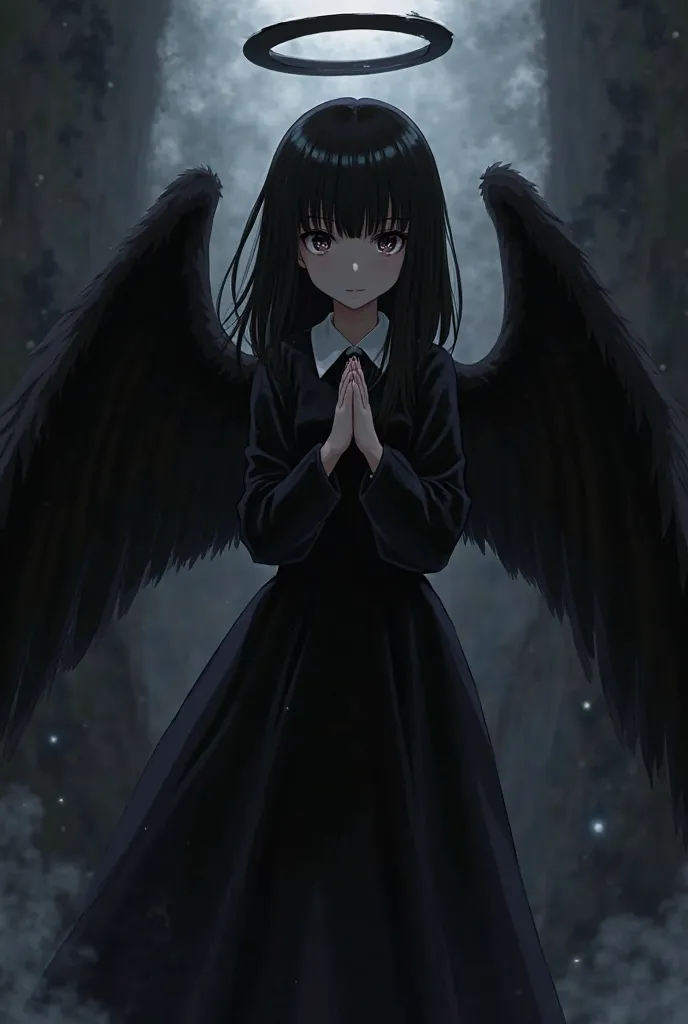 A young Anime girl with waist-length black hair and bangs that fall over her eyes. She wears a long black dress that covers her entire legs. She has a black halo above her head and black angel wings. Her hands should be together. The background should be d...