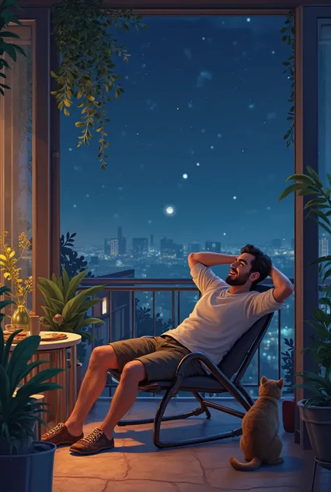 A man sitting on a chair on the balcony with his night companion, putting his hands behind his head and leaning on a chair 