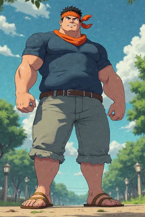 Strong Man, muscular, less chubby, round face, in Anime, wearing his orange bandana around his head, wearing his Navy-blue shirt, gray pants, bronze sandals on his feet, at the park, he stomps on me with his feet, view from the bottom