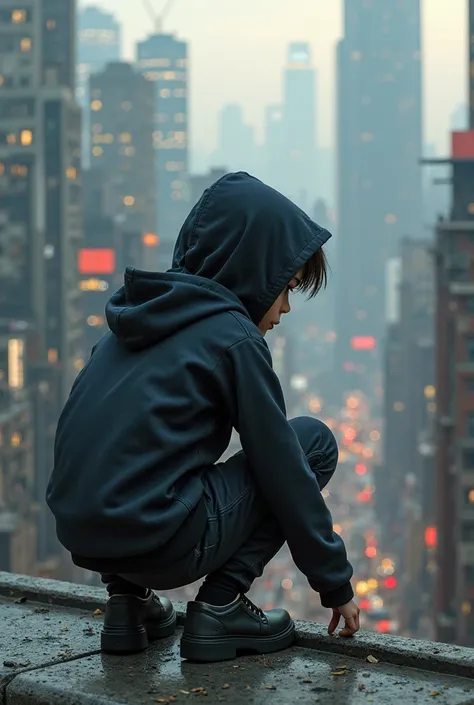 Give me a picture of a boy with a hoddie as a modern assassin on a Cify City. You should see the boy kneeling from the back of a building 