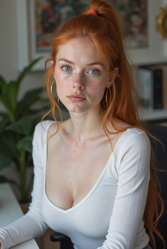 score_9, score_8_up, score_7_up, score_6_up, 1girl, 20 years old model, enormous round natural tits, ginger, 20 years, pale white skin, freckles, no makeup, natural, tight white longsleeve, hoop earrings, sitting at office desk, huge eyes, tight sleek high...